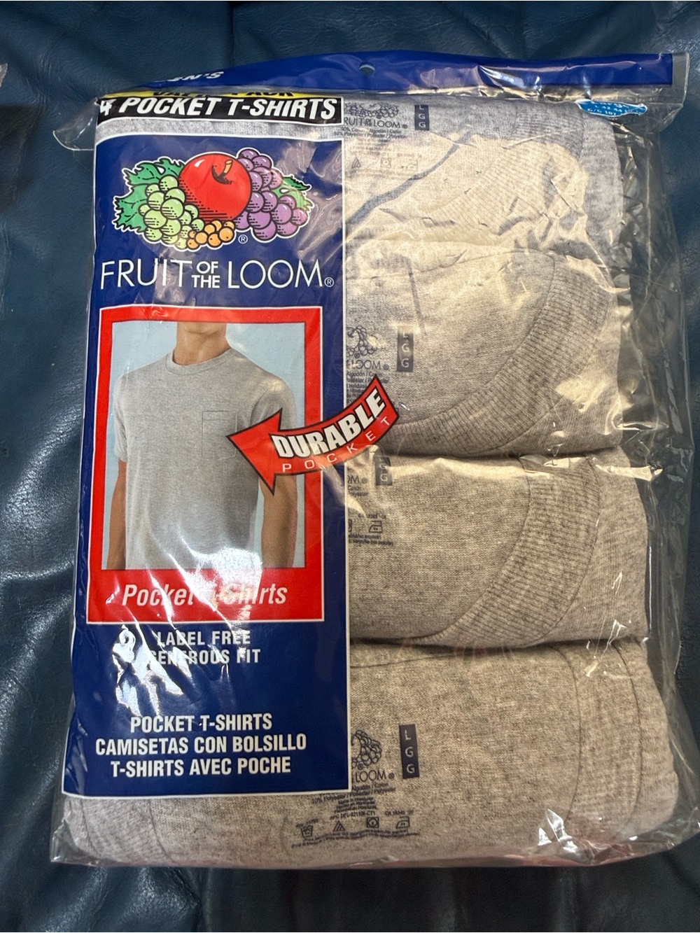 New Pack of 4 Fruit of the Loom Gray Pocket Crew T-Shirts Size Large